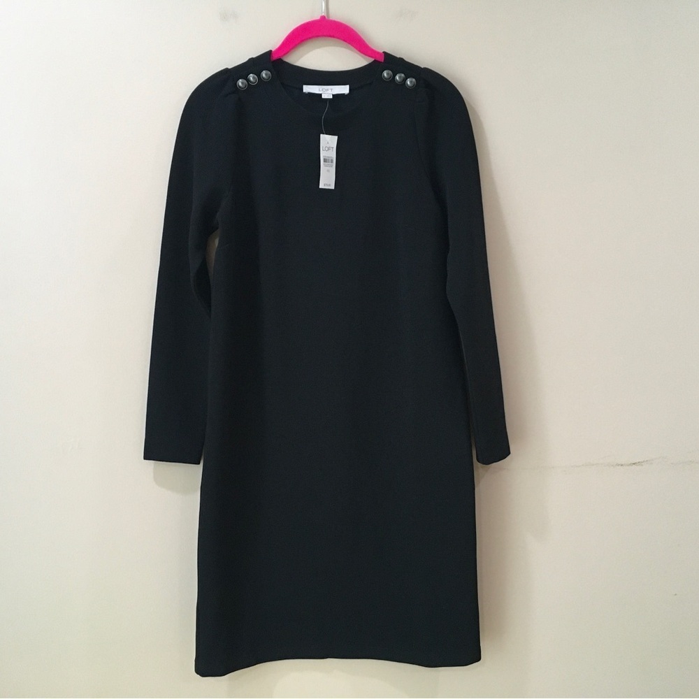 Loft button shoulder shift dress long sleeve black size 2 new - Picture 3 of 7